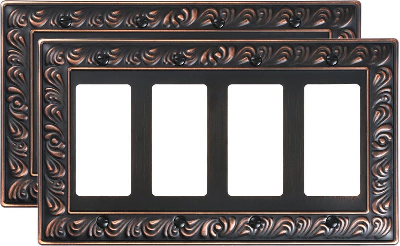 treewell 2-Pack Quad Decorator Outlet Cover Plate, Paisley Pattern Decorative Switch Plates and Outlet Covers, 4 Gang Aged Bronze Metal Wall Plates, Corrosion Resistant - Image 1